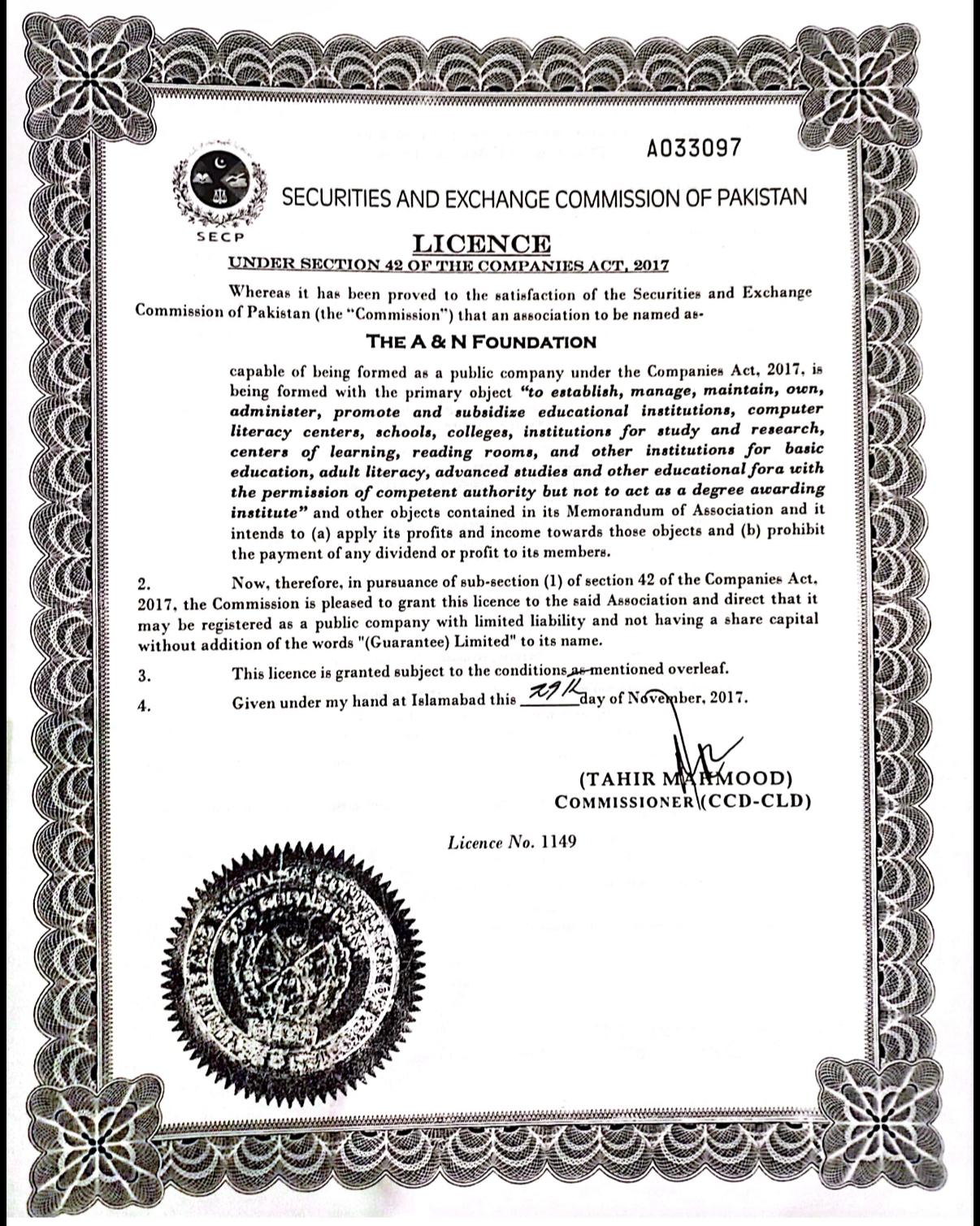 SECP Section 42 licence certificate for The A & N Foundation